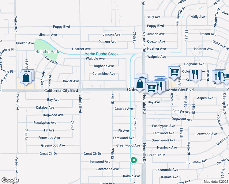 map of restaurants, bars, coffee shops, grocery stores, and more near 20948 77th Street in California City