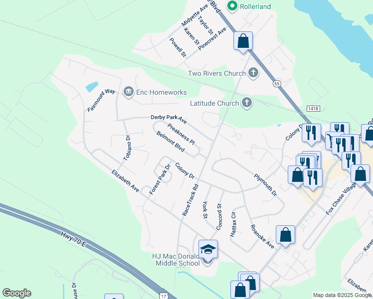 map of restaurants, bars, coffee shops, grocery stores, and more near 3406 Belmont Boulevard in New Bern