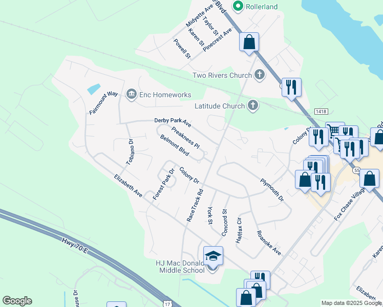 map of restaurants, bars, coffee shops, grocery stores, and more near 3406 Belmont Boulevard in New Bern