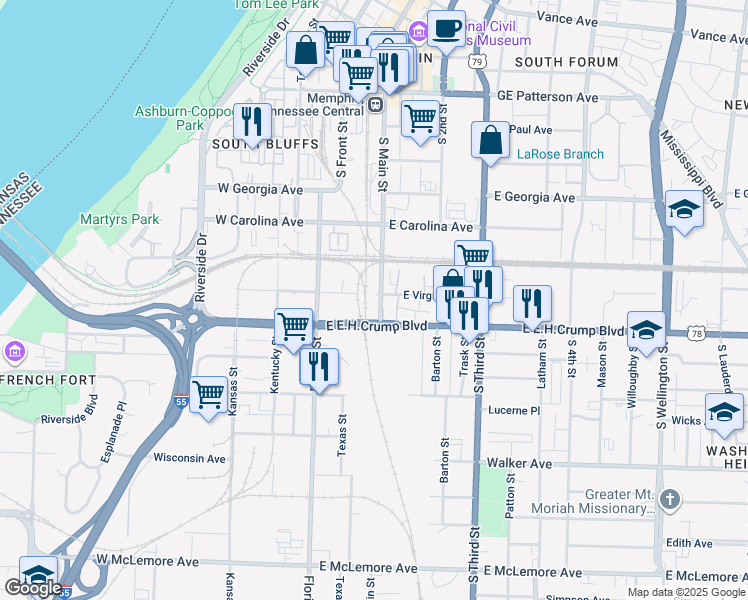 map of restaurants, bars, coffee shops, grocery stores, and more near 805 South Main Street in Memphis