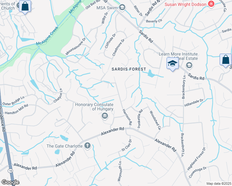 map of restaurants, bars, coffee shops, grocery stores, and more near 7429 Willow Creek Drive in Charlotte