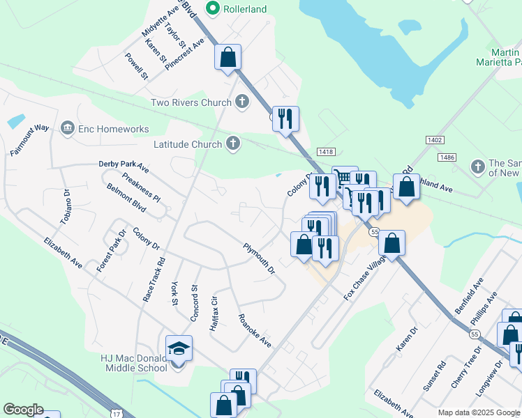 map of restaurants, bars, coffee shops, grocery stores, and more near 3211 Brunswick Avenue in New Bern
