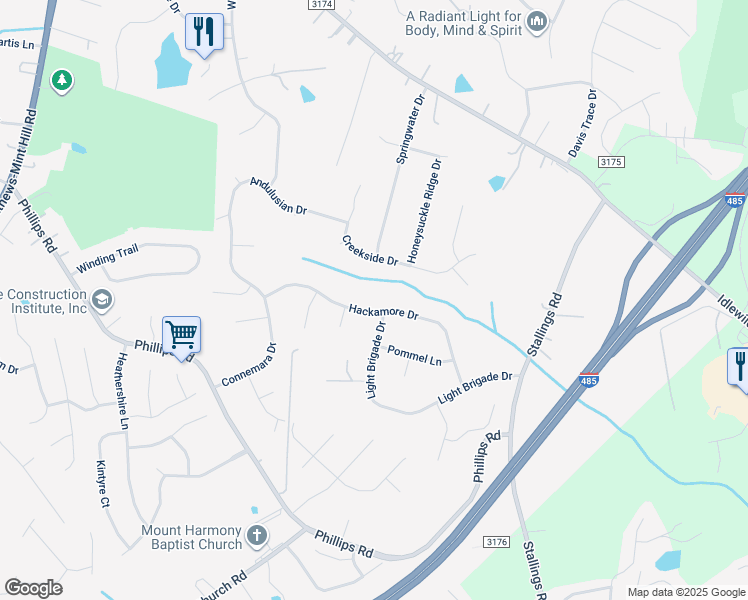 map of restaurants, bars, coffee shops, grocery stores, and more near 14219 Hackamore Drive in Matthews