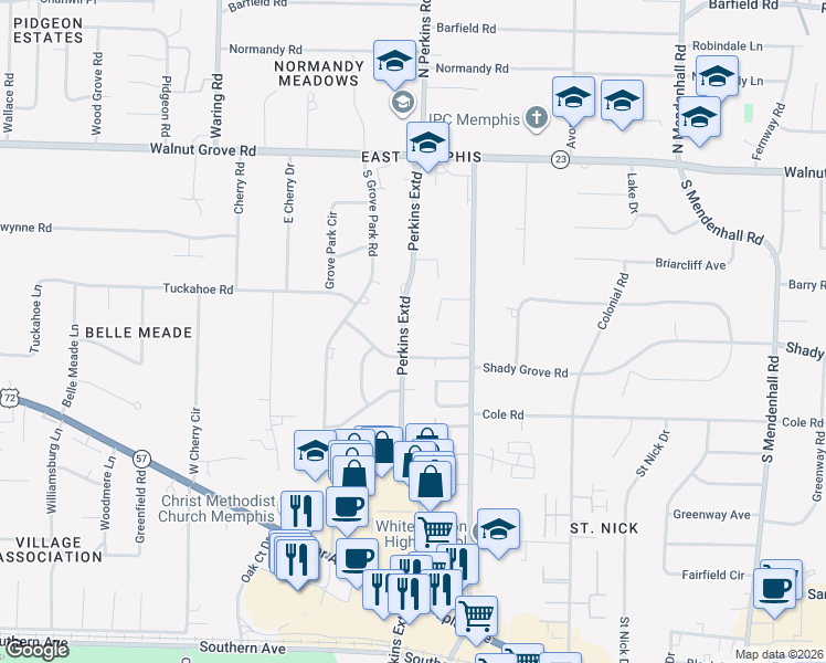 map of restaurants, bars, coffee shops, grocery stores, and more near 200 Perkins Extension in Memphis