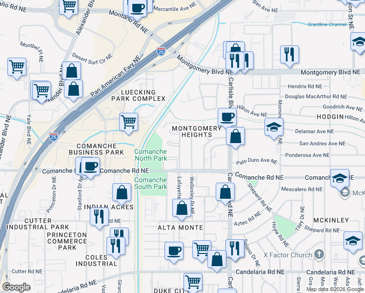 map of restaurants, bars, coffee shops, grocery stores, and more near 3916 Lafayette Drive Northeast in Albuquerque