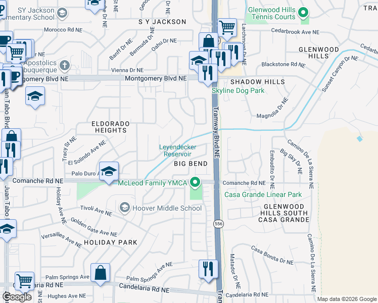 map of restaurants, bars, coffee shops, grocery stores, and more near 3804 Mount Rainier Drive Northeast in Albuquerque