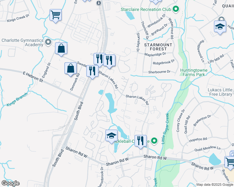 map of restaurants, bars, coffee shops, grocery stores, and more near 8016 Waterford Lakes Drive in Charlotte