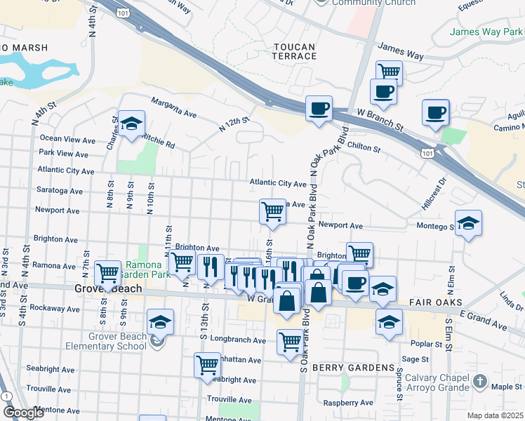 map of restaurants, bars, coffee shops, grocery stores, and more near 1550 Saratoga Avenue in Grover Beach