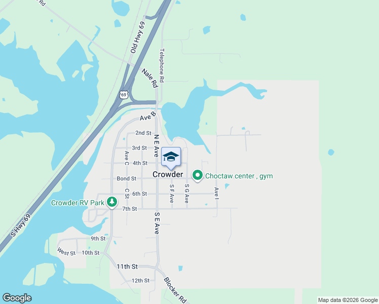 map of restaurants, bars, coffee shops, grocery stores, and more near Ave G in Crowder