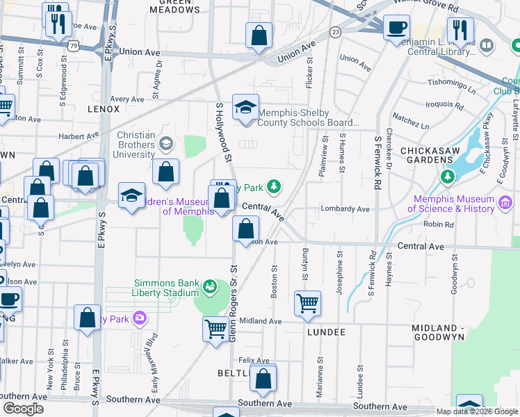 map of restaurants, bars, coffee shops, grocery stores, and more near 2593-2623 Central Avenue in Memphis