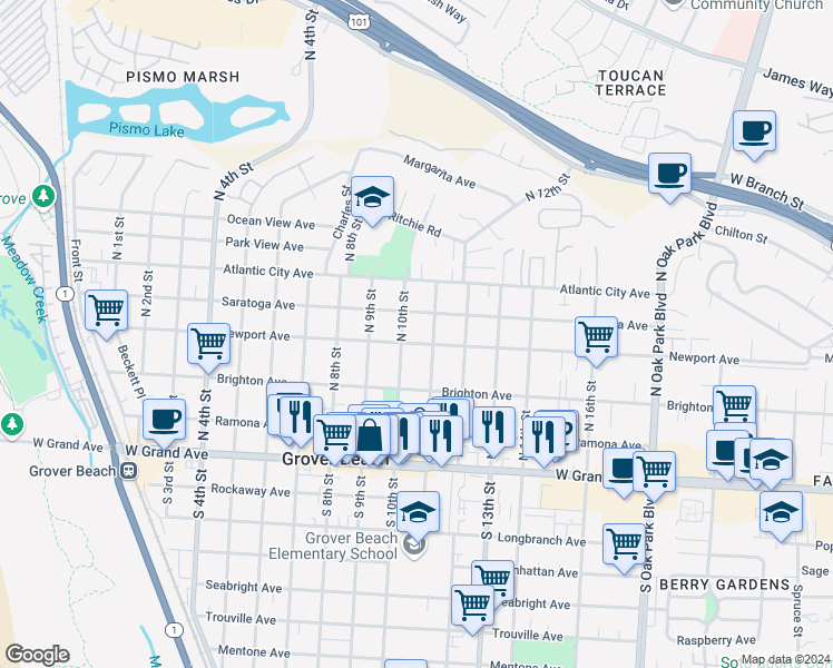 map of restaurants, bars, coffee shops, grocery stores, and more near 1039 Newport Avenue in Grover Beach