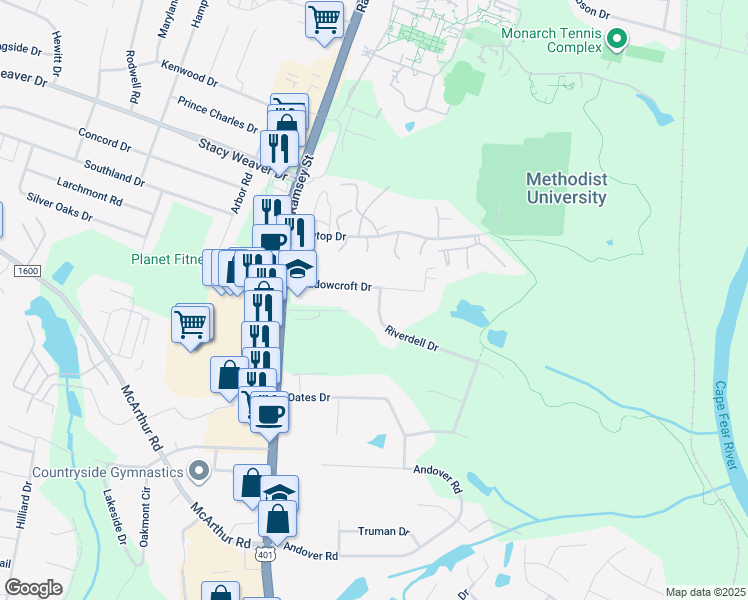 map of restaurants, bars, coffee shops, grocery stores, and more near 148 Meadowcroft Drive in Fayetteville