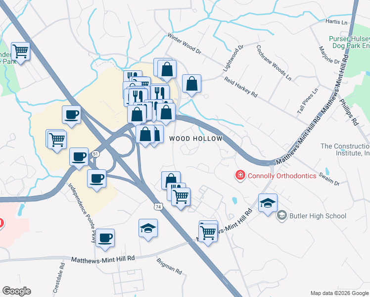 map of restaurants, bars, coffee shops, grocery stores, and more near 2730 Hayden brooke Cir in Matthews