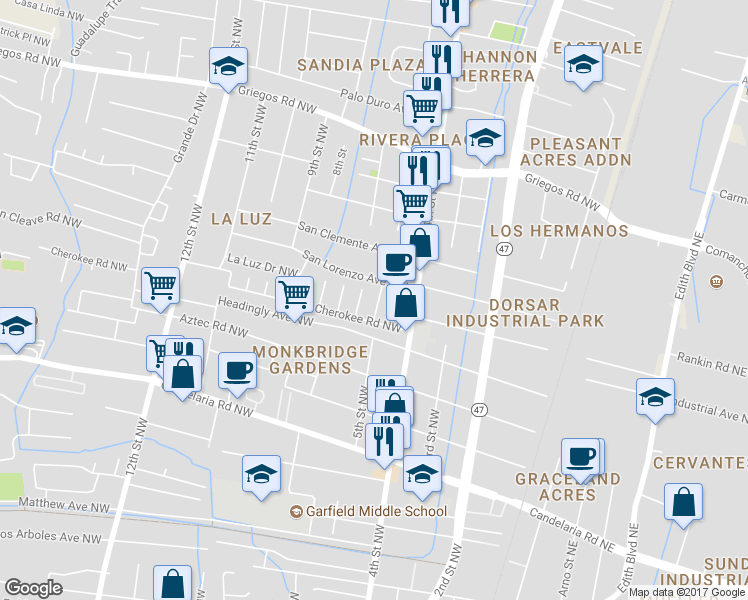 map of restaurants, bars, coffee shops, grocery stores, and more near 4121 5th Street Northwest in Albuquerque