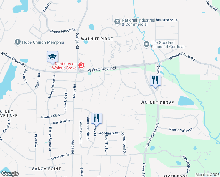map of restaurants, bars, coffee shops, grocery stores, and more near 8901 Timber Trail Cove in Memphis