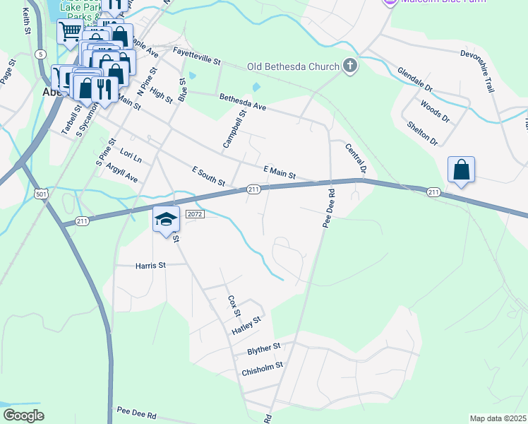 map of restaurants, bars, coffee shops, grocery stores, and more near East Oak Street in Aberdeen