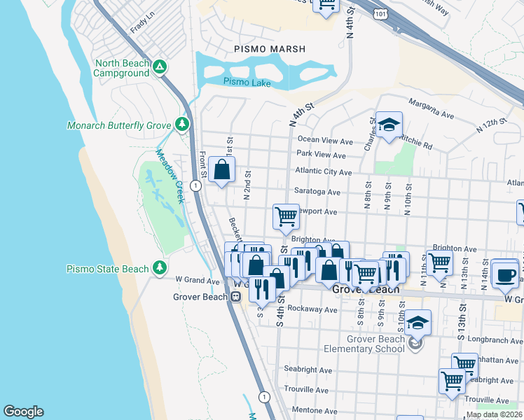 map of restaurants, bars, coffee shops, grocery stores, and more near 379 North 3rd Street in Grover Beach