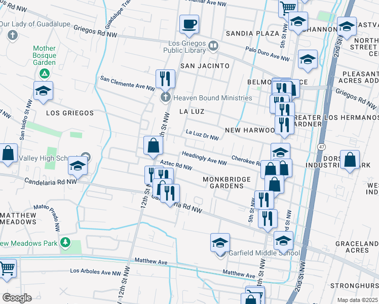 map of restaurants, bars, coffee shops, grocery stores, and more near 1007 Headingly Avenue Northwest in Albuquerque