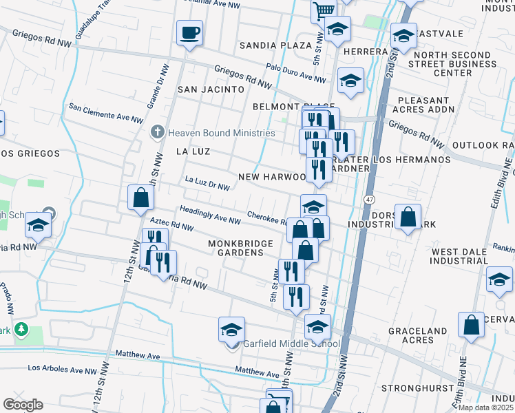 map of restaurants, bars, coffee shops, grocery stores, and more near 4113 Los Tomases Drive Northwest in Albuquerque