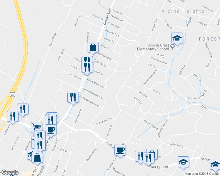 map of restaurants, bars, coffee shops, grocery stores, and more near 200 Valley View Drive in Chattanooga
