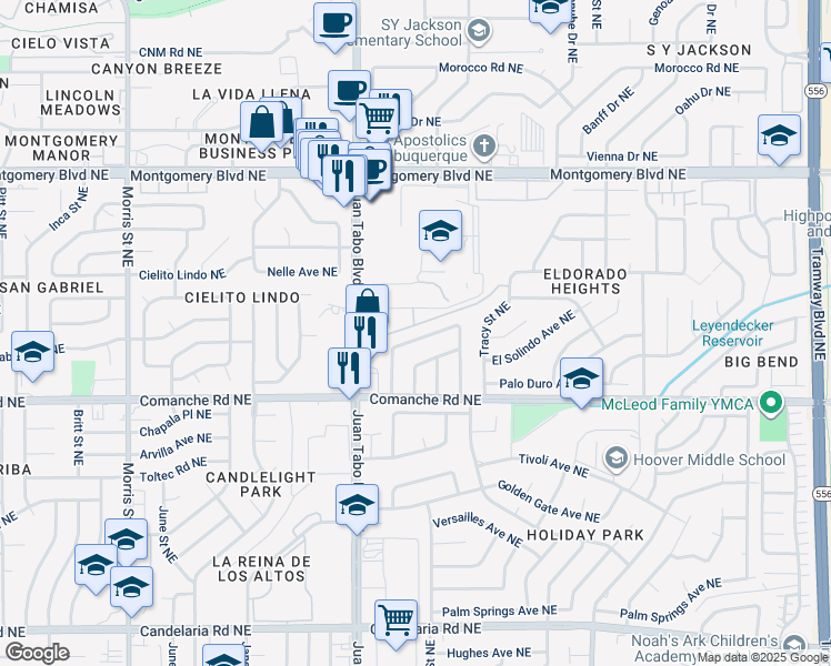 map of restaurants, bars, coffee shops, grocery stores, and more near 3813 Madrid Drive Northeast in Albuquerque