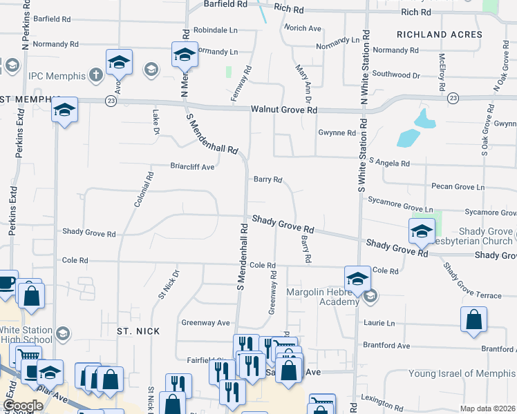 map of restaurants, bars, coffee shops, grocery stores, and more near 5056 Shady Grove Road in Memphis