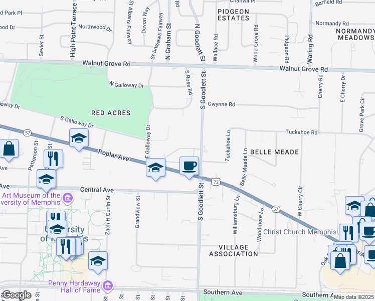 map of restaurants, bars, coffee shops, grocery stores, and more near 4073 Dumaine Way in Memphis