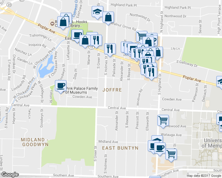 map of restaurants, bars, coffee shops, grocery stores, and more near 227 Palisade Street in Memphis