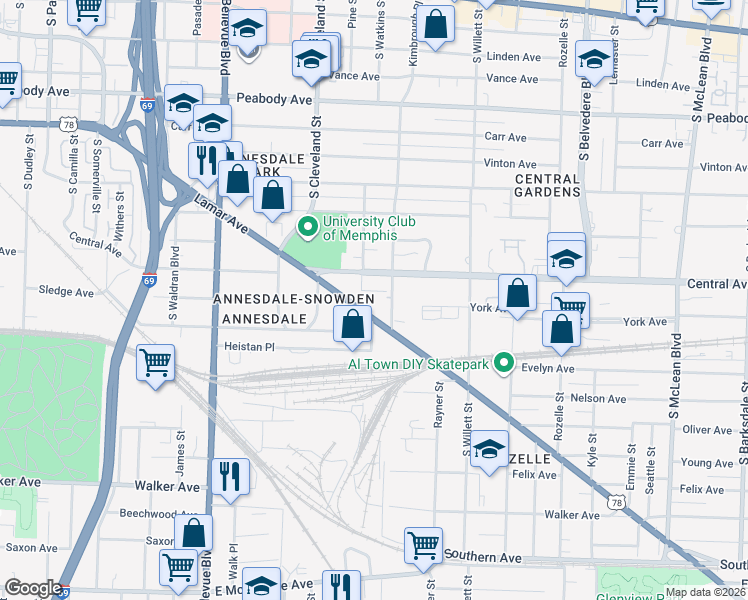 map of restaurants, bars, coffee shops, grocery stores, and more near 1403 Lamar Avenue in Memphis