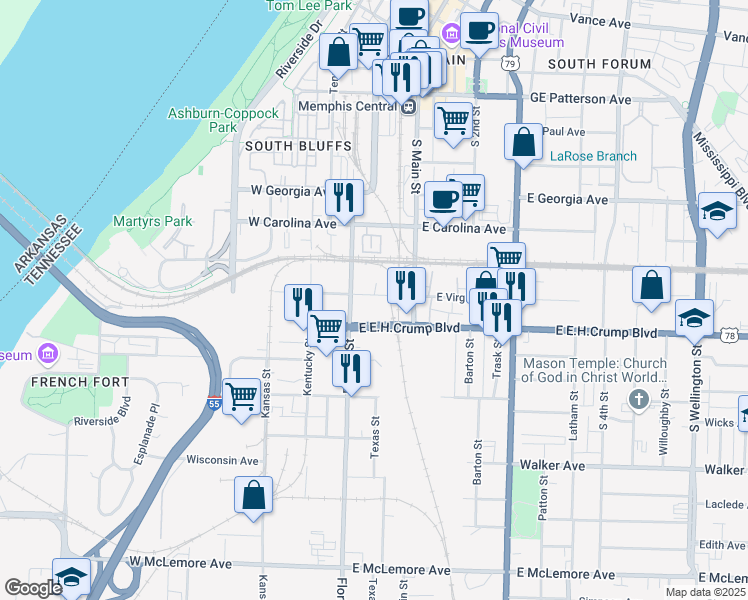 map of restaurants, bars, coffee shops, grocery stores, and more near 16 Crescent Bluff Court in Memphis