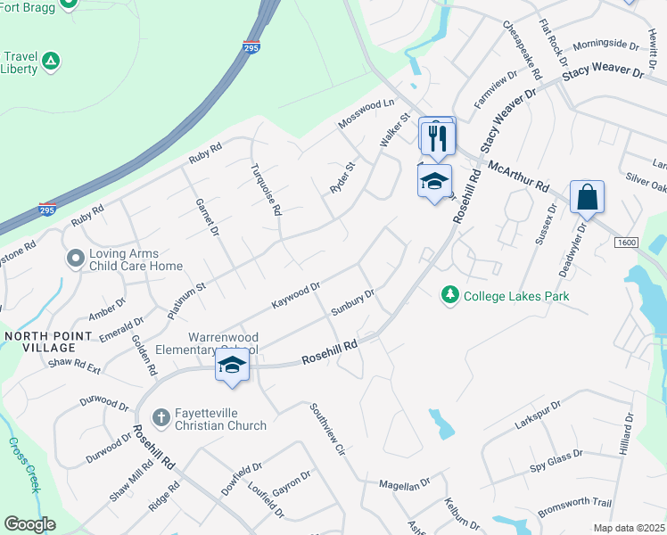 map of restaurants, bars, coffee shops, grocery stores, and more near 904 Kaywood Drive in Fayetteville