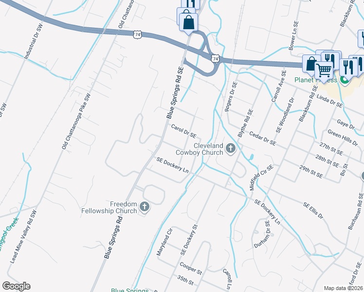map of restaurants, bars, coffee shops, grocery stores, and more near 2910 Rebecca Drive in Cleveland