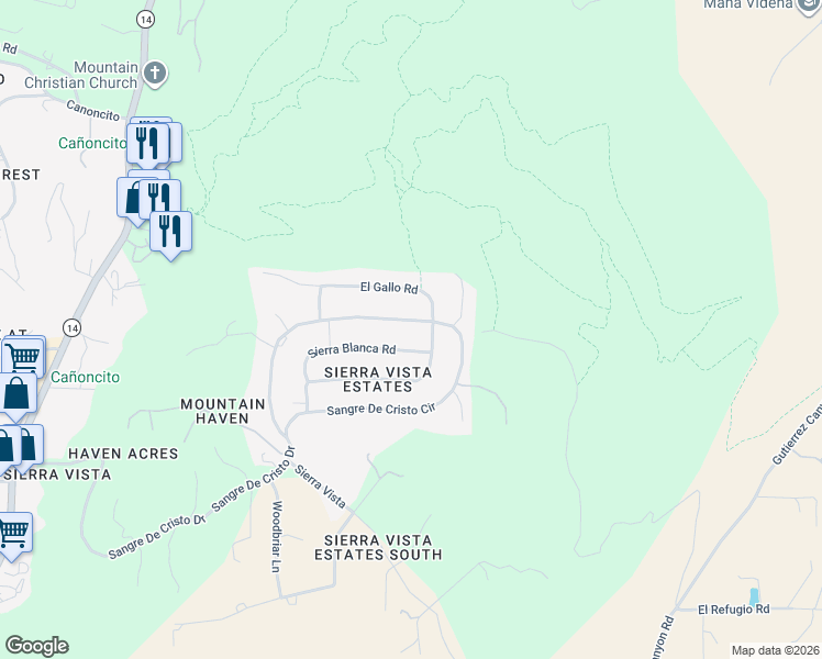 map of restaurants, bars, coffee shops, grocery stores, and more near 148 Sangre De Cristo Circle in Cedar Crest