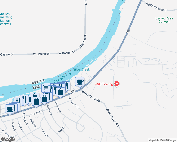 map of restaurants, bars, coffee shops, grocery stores, and more near 1659 Arizona 95 in Bullhead City