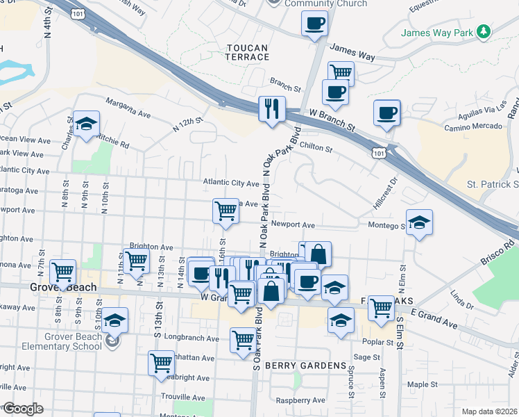map of restaurants, bars, coffee shops, grocery stores, and more near 473 North Oak Park Boulevard in Grover Beach