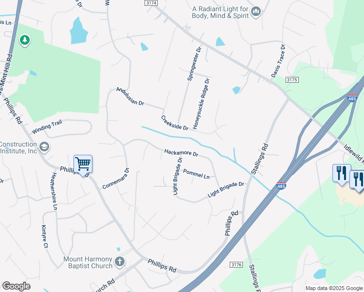 map of restaurants, bars, coffee shops, grocery stores, and more near 14219 Hackamore Drive in Matthews