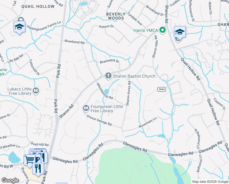 map of restaurants, bars, coffee shops, grocery stores, and more near 6642 Bunker Hill Circle in Charlotte