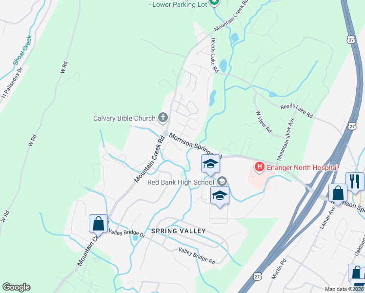 map of restaurants, bars, coffee shops, grocery stores, and more near 3940 North Quail Lane in Chattanooga