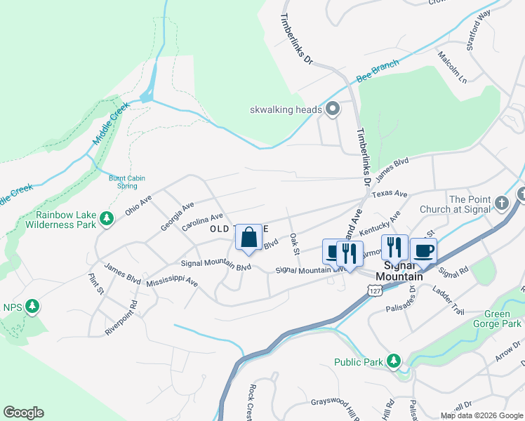map of restaurants, bars, coffee shops, grocery stores, and more near 615 Texas Avenue in Signal Mountain