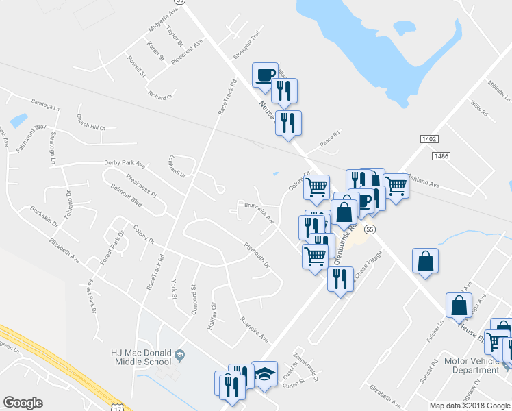 map of restaurants, bars, coffee shops, grocery stores, and more near 3227 Brunswick Avenue in New Bern