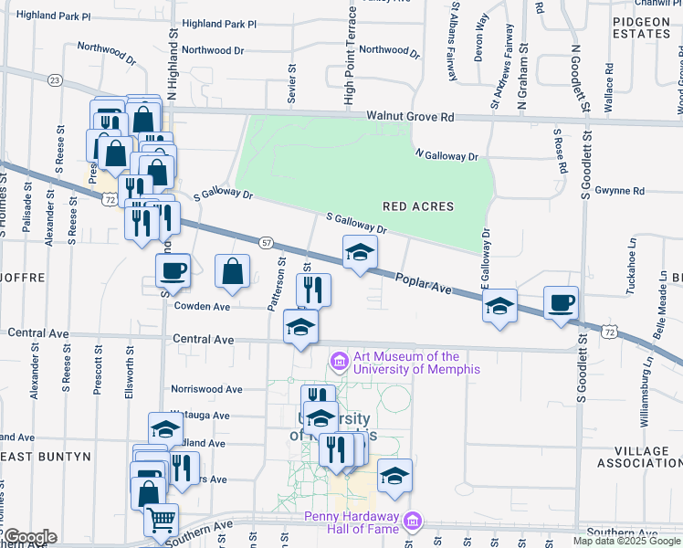 map of restaurants, bars, coffee shops, grocery stores, and more near 3751 Poplar Avenue in Memphis