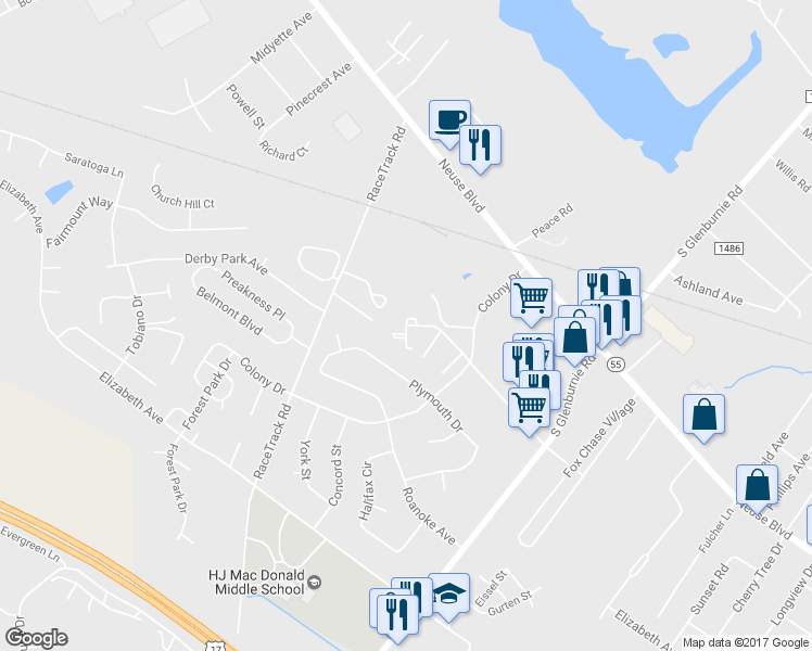 map of restaurants, bars, coffee shops, grocery stores, and more near 3311 Brunswick Avenue in New Bern