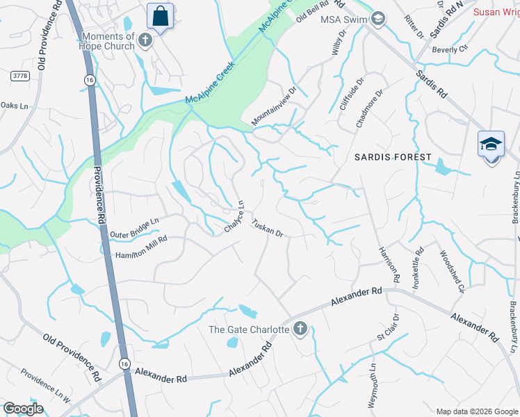 map of restaurants, bars, coffee shops, grocery stores, and more near 7415 Leharne Drive in Charlotte