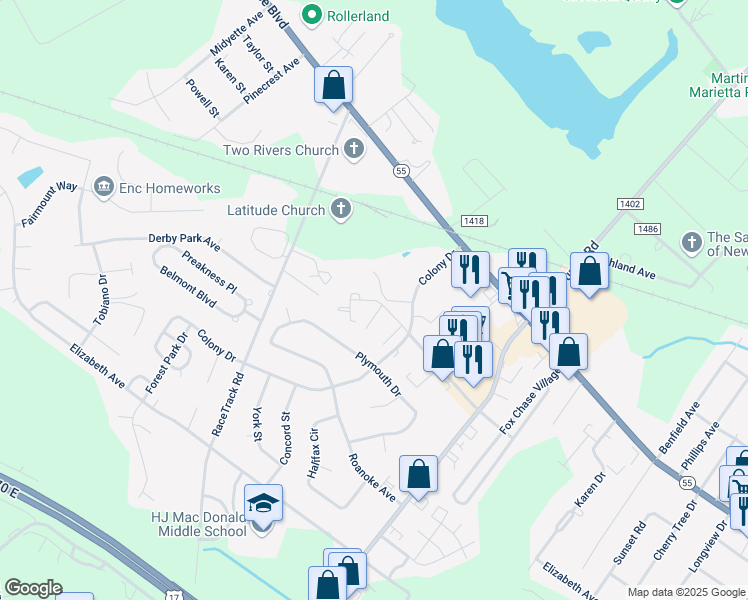 map of restaurants, bars, coffee shops, grocery stores, and more near 3241 Brunswick Avenue in New Bern
