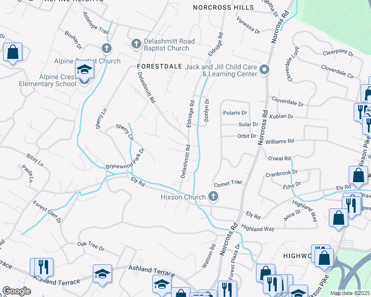 map of restaurants, bars, coffee shops, grocery stores, and more near 415 Bardwood Lane in Chattanooga