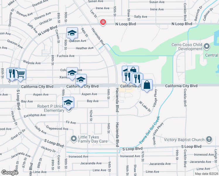 map of restaurants, bars, coffee shops, grocery stores, and more near 10386 California City Boulevard in California City