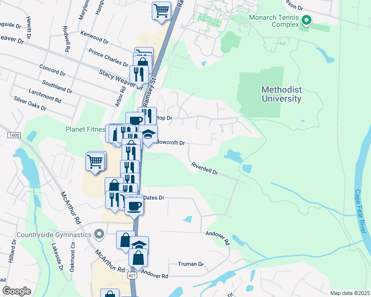 map of restaurants, bars, coffee shops, grocery stores, and more near 148 Meadowcroft Drive in Fayetteville