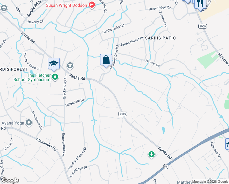 map of restaurants, bars, coffee shops, grocery stores, and more near 9009 Sardis Road in Matthews