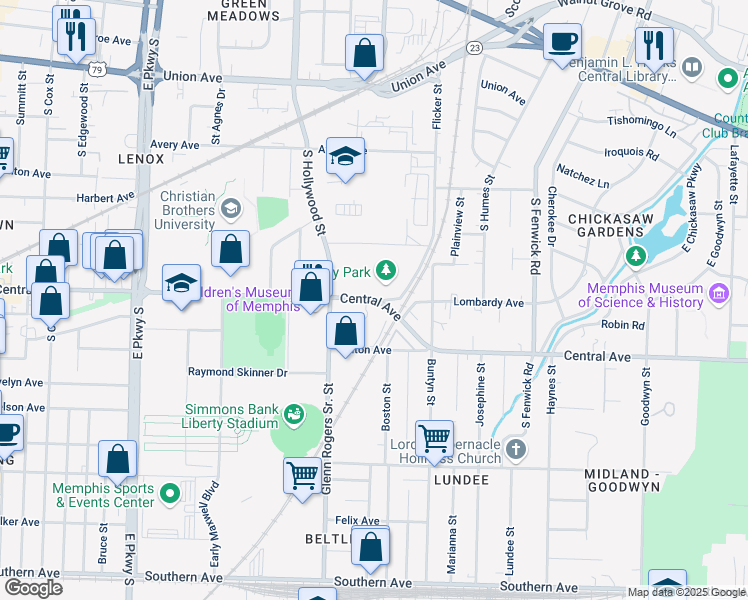 map of restaurants, bars, coffee shops, grocery stores, and more near 2639 Central Avenue in Memphis