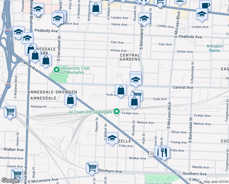 map of restaurants, bars, coffee shops, grocery stores, and more near 1590 York Avenue in Memphis